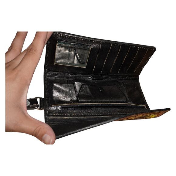 Hand Tooled Leather Sunflower Wallet Wristlet Black Brown Floral Western Boho - Picture 10 of 14